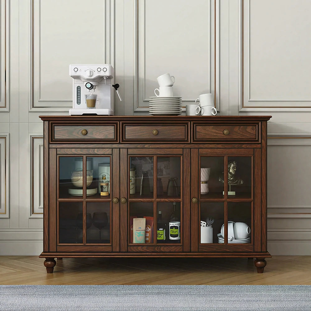 LUXORA Solid Ash Wood Glass Door Three Door Storage Cabinet Vintage Organizer for Bedroom Living Room - Walnut