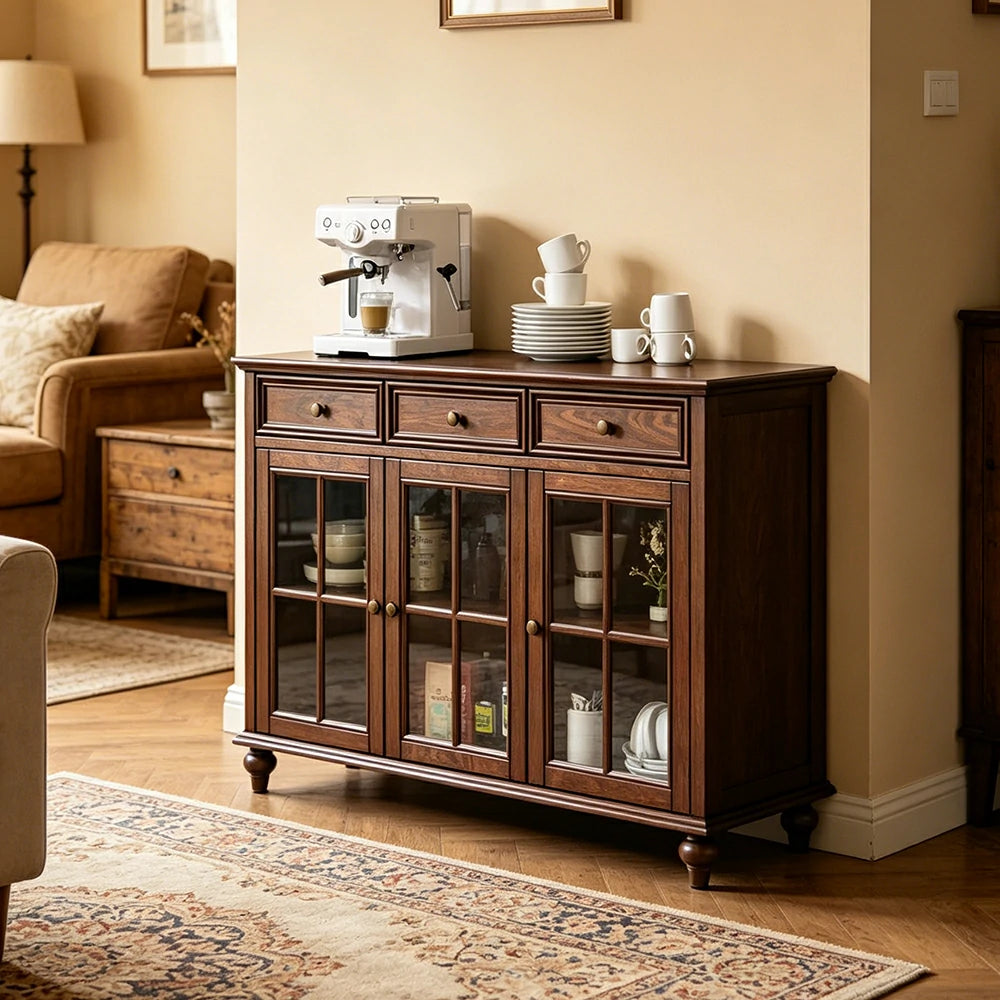 LUXORA Solid Ash Wood Glass Door Three Door Storage Cabinet Vintage Organizer for Bedroom Living Room - Walnut