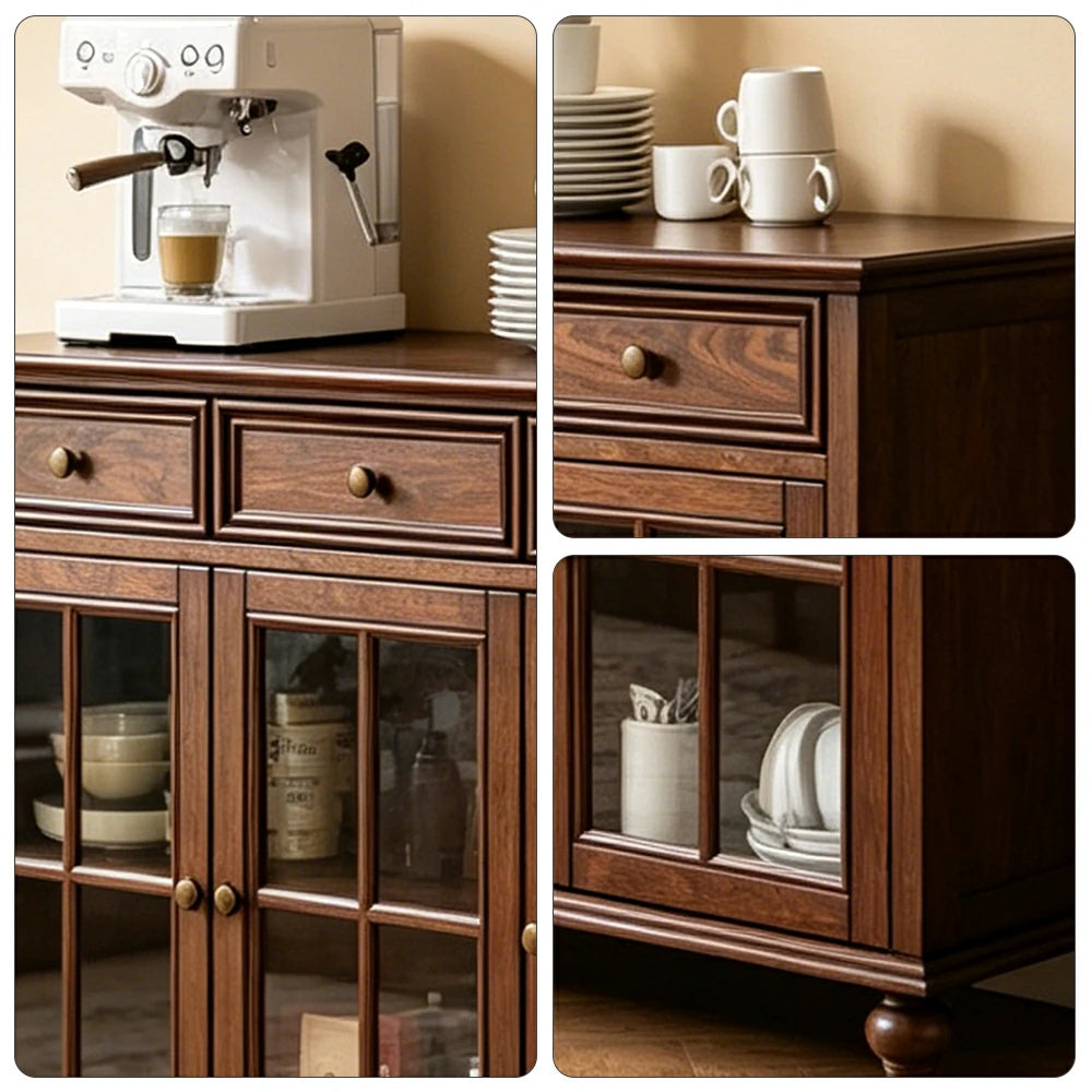 LUXORA Solid Ash Wood Glass Door Three Door Storage Cabinet Vintage Organizer for Bedroom Living Room - Walnut