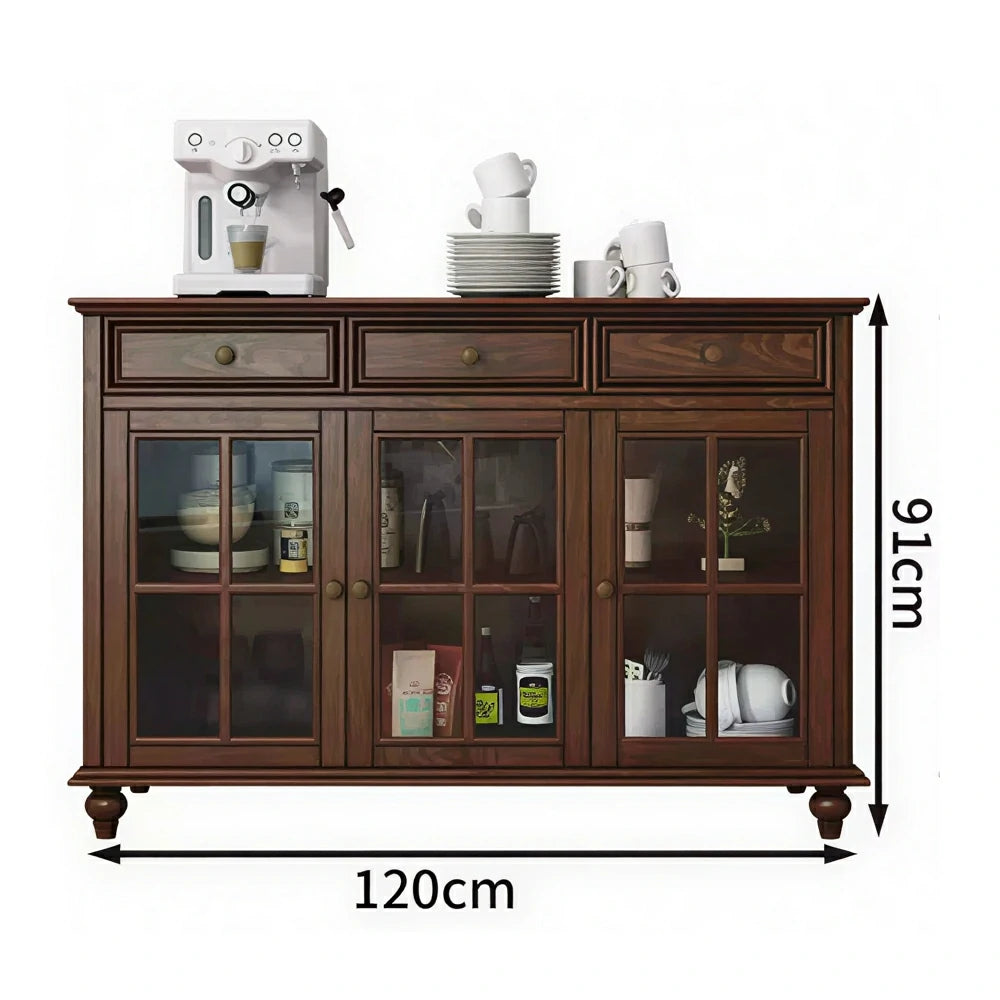LUXORA Solid Ash Wood Glass Door Three Door Storage Cabinet Vintage Organizer for Bedroom Living Room - Walnut