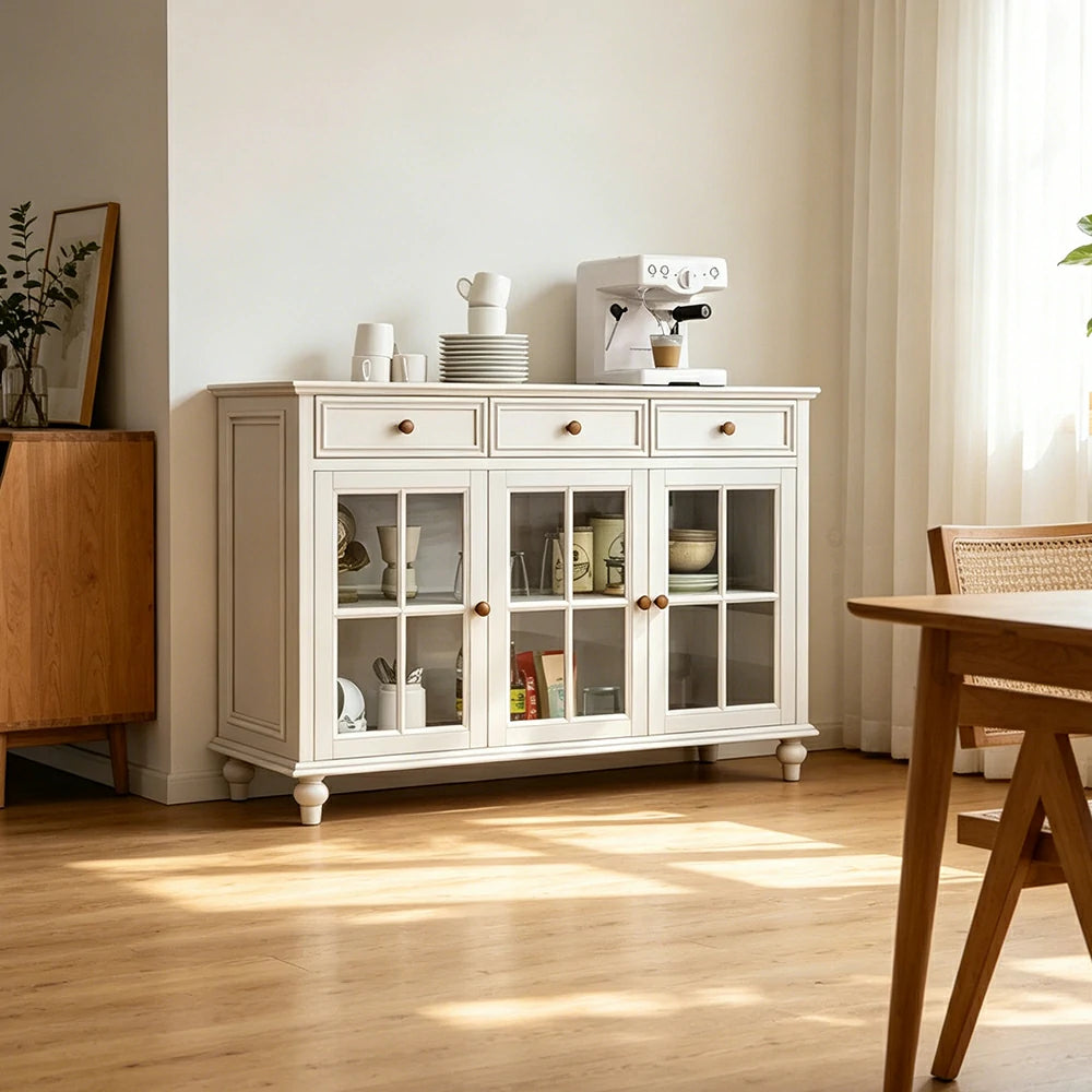 LUXORA Solid Ash Wood Glass Door Three Door Storage Cabinet Vintage Organizer for Bedroom Living Room - White