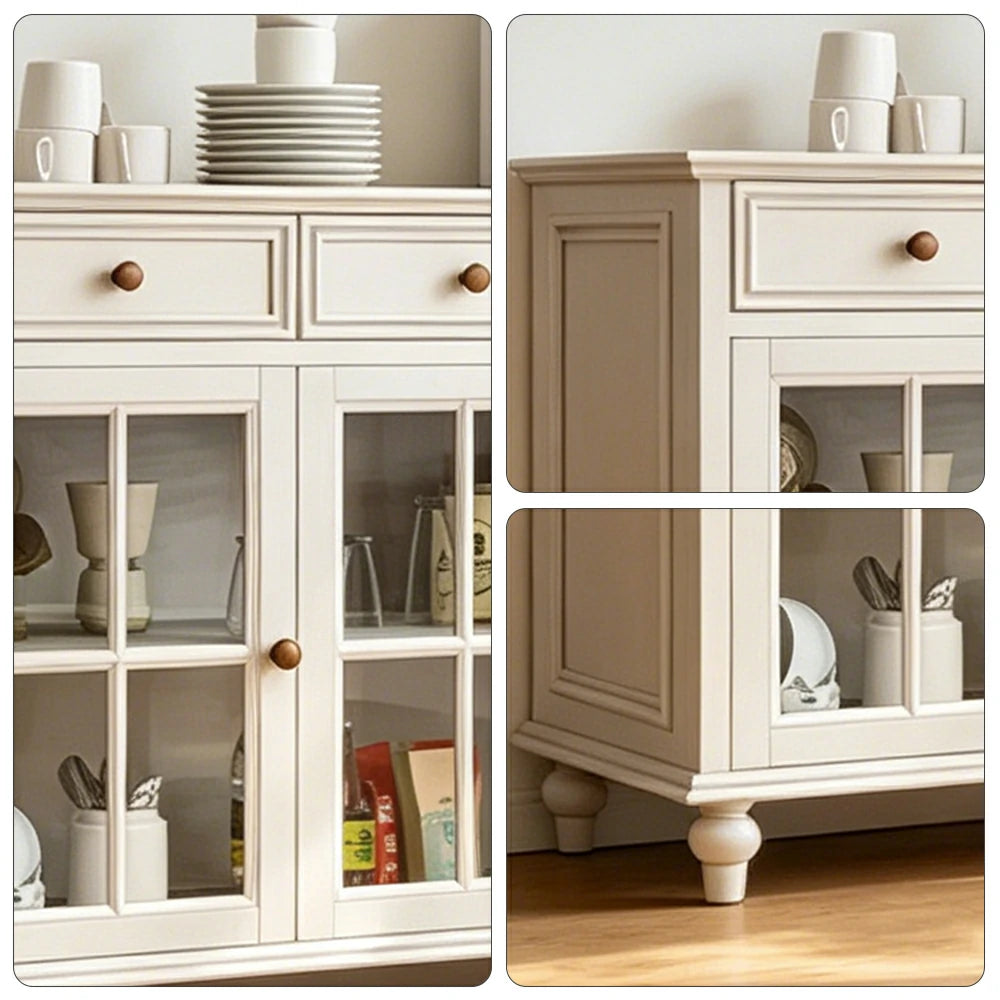 LUXORA Solid Ash Wood Glass Door Three Door Storage Cabinet Vintage Organizer for Bedroom Living Room - White