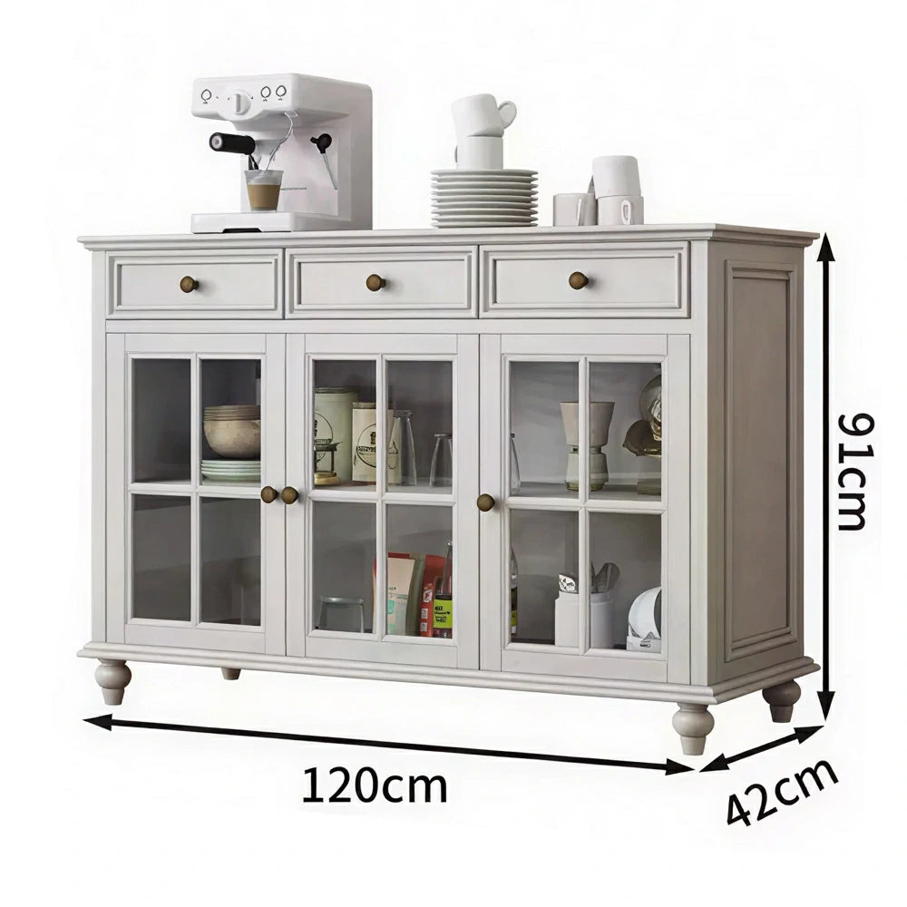 LUXORA Solid Ash Wood Glass Door Three Door Storage Cabinet Vintage Organizer for Bedroom Living Room - White