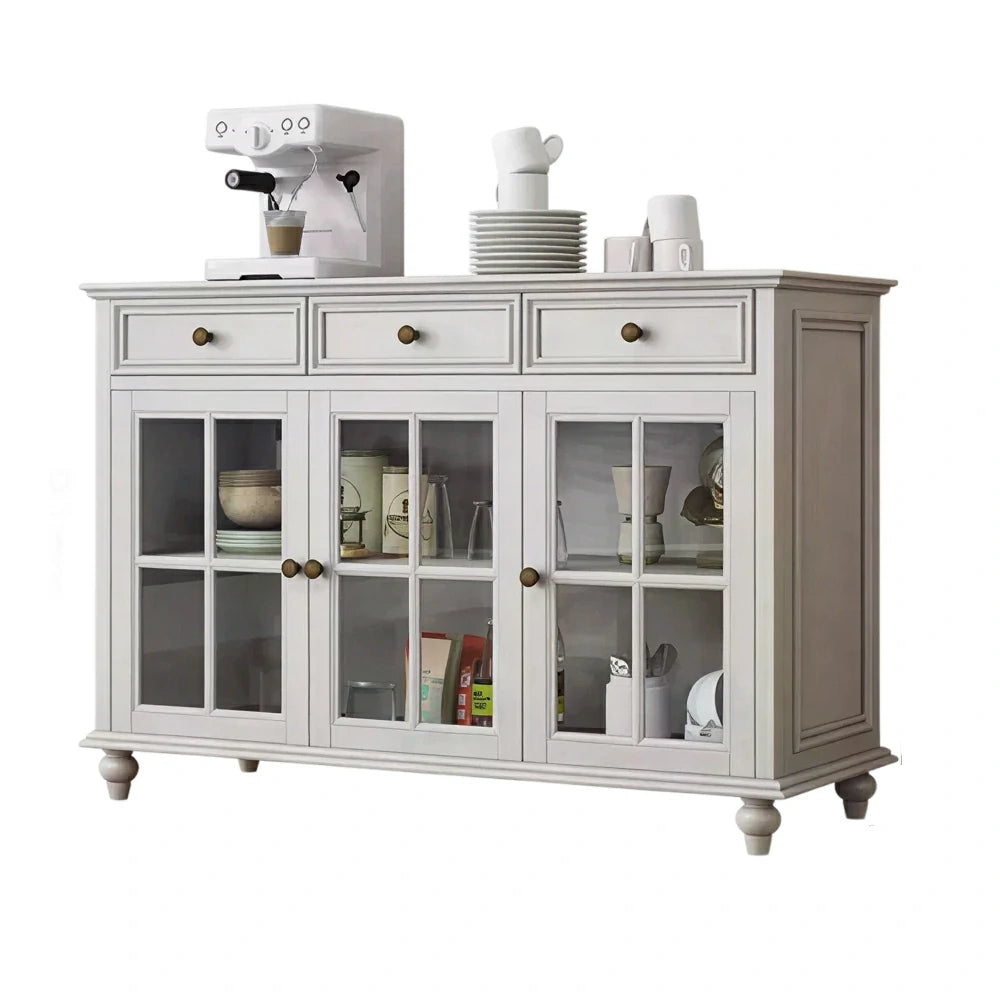 LUXORA Solid Ash Wood Glass Door Three Door Storage Cabinet Vintage Organizer for Bedroom Living Room - White