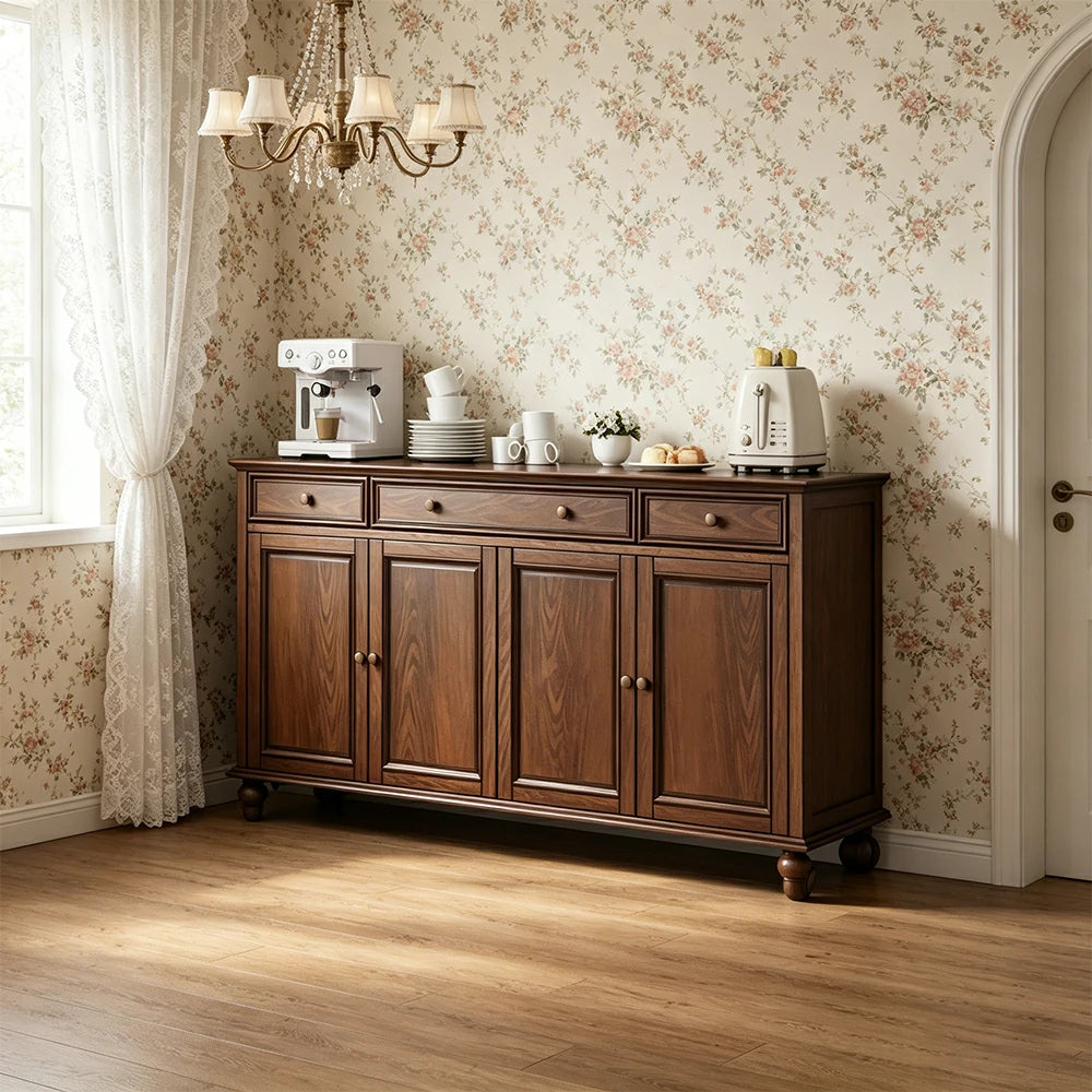 LUXORA Solid Ash Wood Four Door Storage Cabinet Vintage Organizer for Bedroom Living Room - Walnut