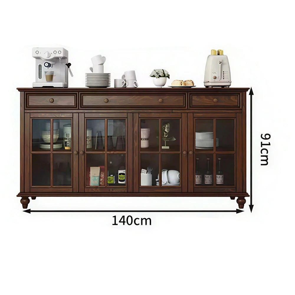 LUXORA Solid Ash Wood Glass Door Four Door Storage Cabinet Vintage Organizer for Bedroom Living Room - Walnut