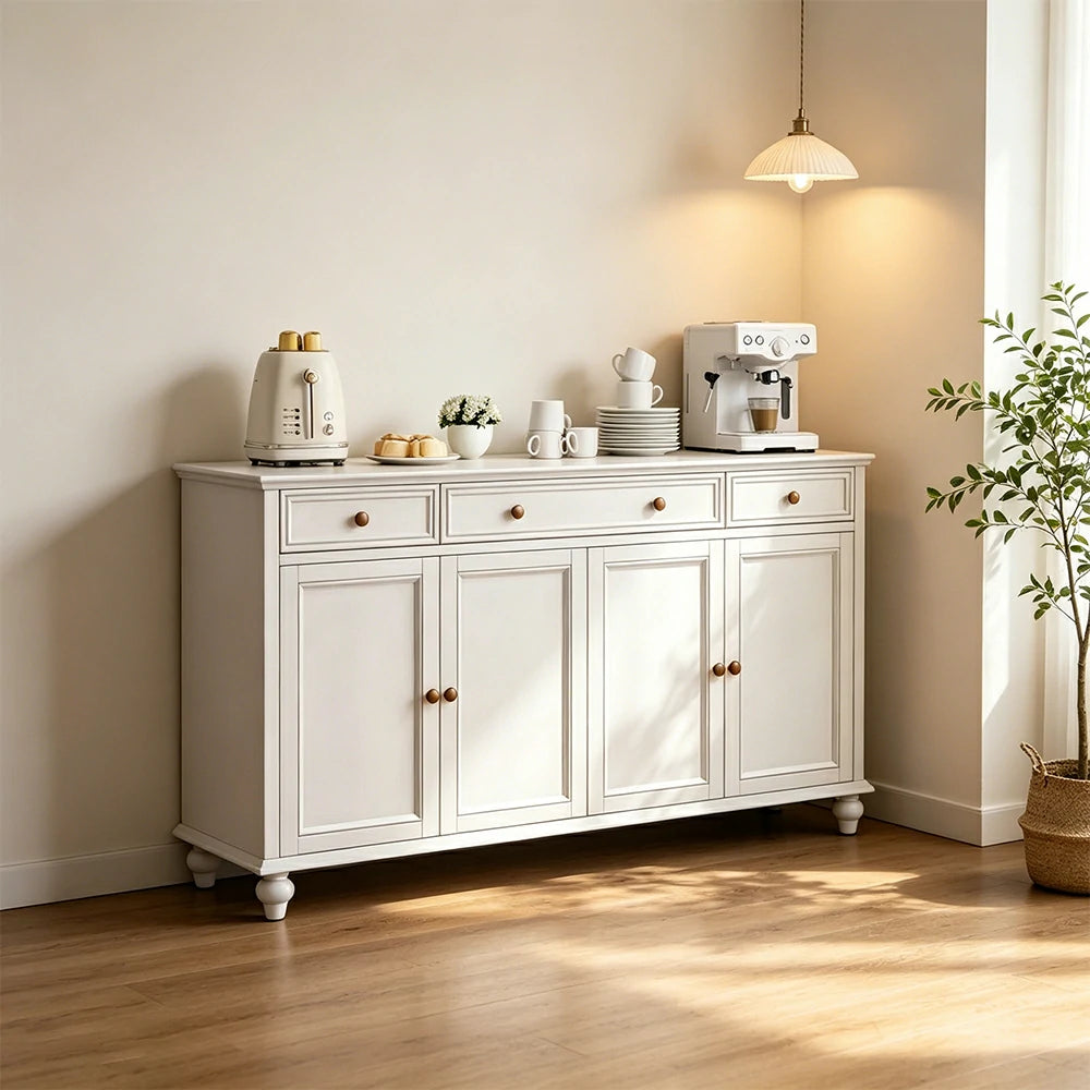 LUXORA Solid Ash Wood Four Door Storage Cabinet Vintage Organizer for Bedroom Living Room - White