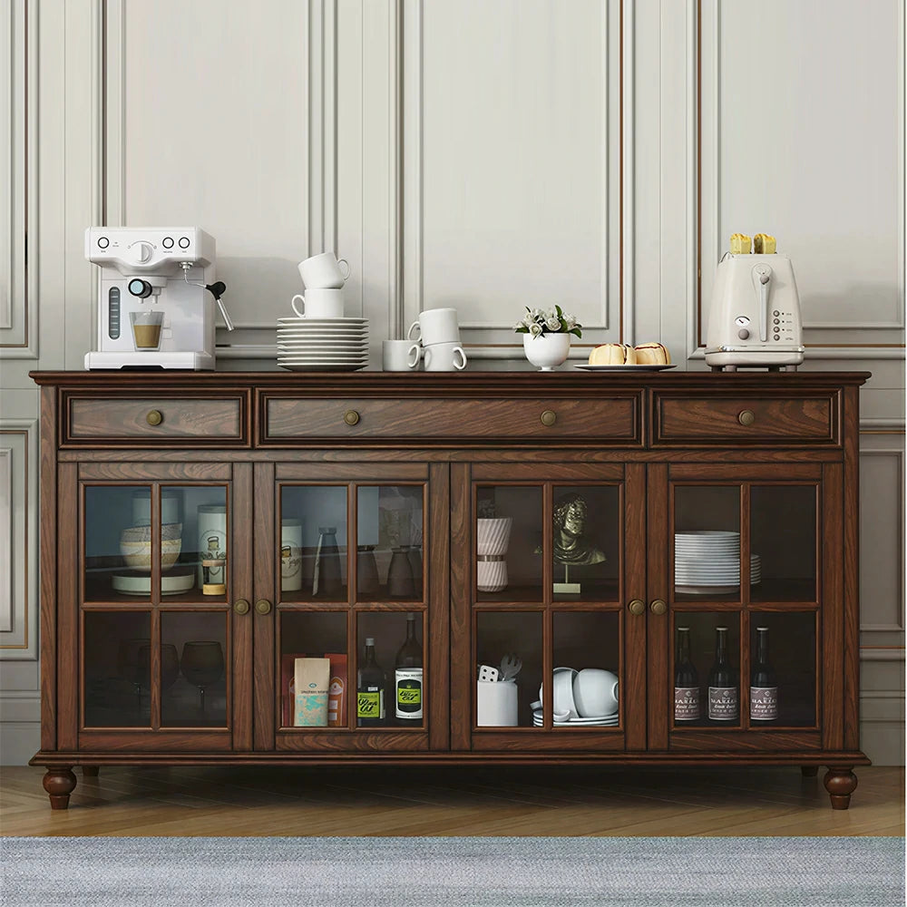 LUXORA Solid Ash Wood Glass Door Four Door Storage Cabinet Vintage Organizer for Bedroom Living Room - Walnut