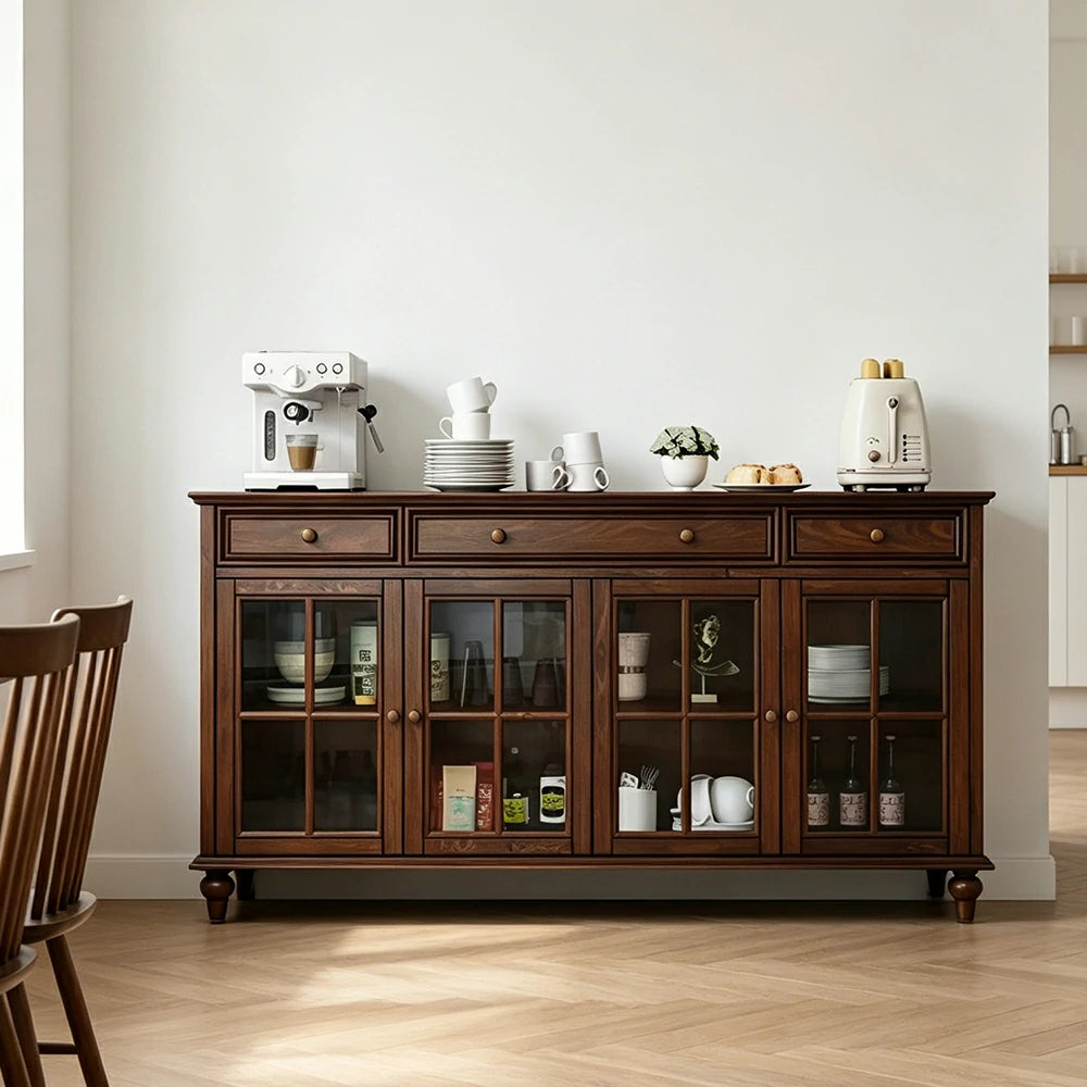 LUXORA Solid Ash Wood Glass Door Four Door Storage Cabinet Vintage Organizer for Bedroom Living Room - Walnut