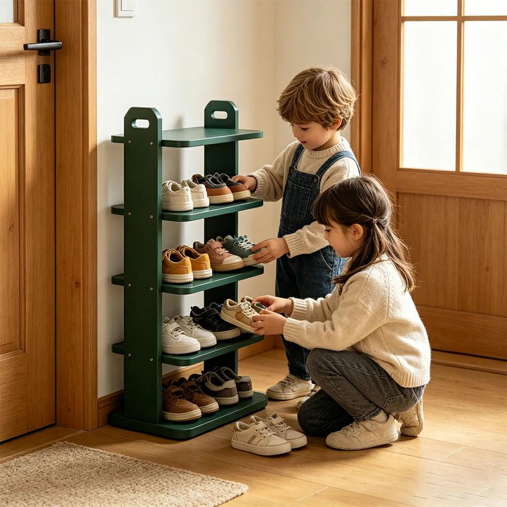 LIVARA 5 Tier Solid Wood Shoe Rack Space Saving Narrow Storage Shelf for Entryway Small Spaces - Green