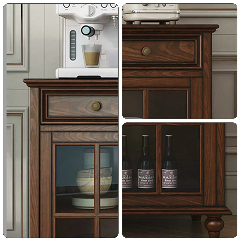 LUXORA Solid Ash Wood Glass Door Four Door Storage Cabinet Vintage Organizer for Bedroom Living Room - Walnut
