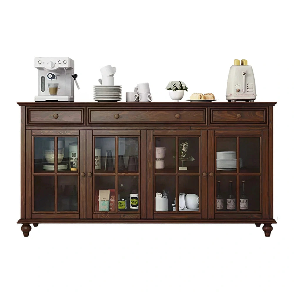 LUXORA Solid Ash Wood Glass Door Four Door Storage Cabinet Vintage Organizer for Bedroom Living Room - Walnut
