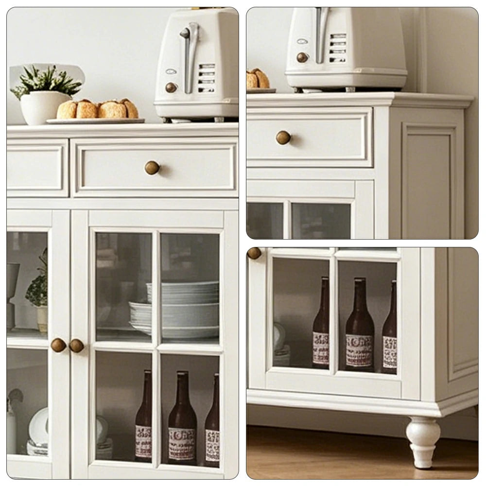 LUXORA Solid Ash Wood Glass Door Four Door Storage Cabinet Vintage Organizer for Bedroom Living Room - White