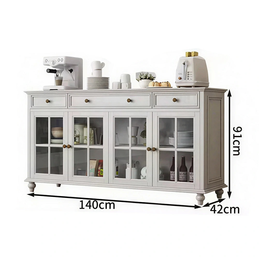 LUXORA Solid Ash Wood Glass Door Four Door Storage Cabinet Vintage Organizer for Bedroom Living Room - White