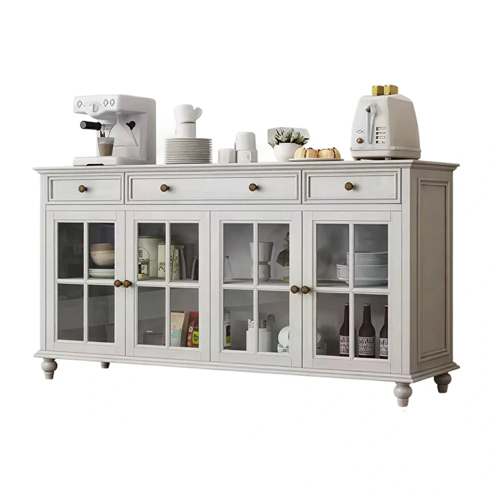 LUXORA Solid Ash Wood Glass Door Four Door Storage Cabinet Vintage Organizer for Bedroom Living Room - White