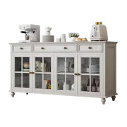 LUXORA Solid Ash Wood Glass Door Four Door Storage Cabinet Vintage Organizer for Bedroom Living Room - White
