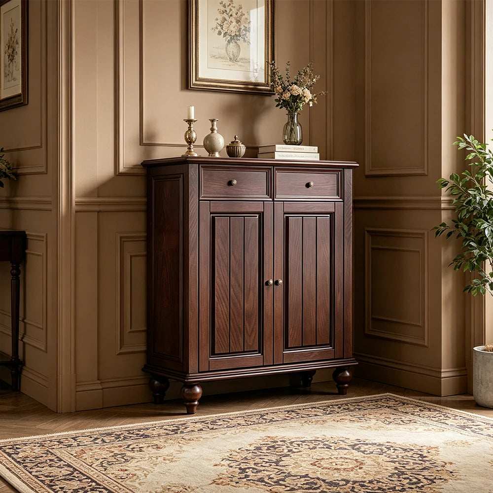 LUXORA Solid Ash Wood Shoe Cabinet - 80cm Entryway Storage Cabinet with Double Doors & Drawers for Hallway - Walnut