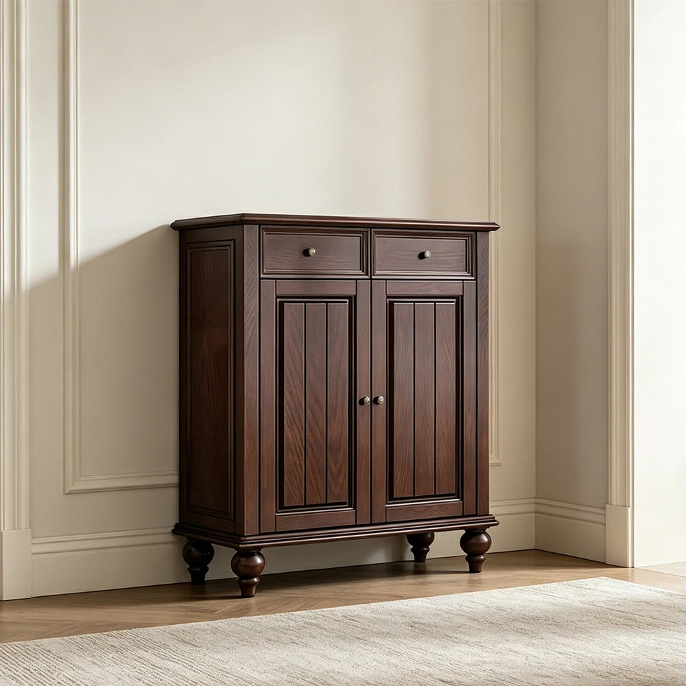 LUXORA Solid Ash Wood Shoe Cabinet - 80cm Entryway Storage Cabinet with Double Doors & Drawers for Hallway - Walnut