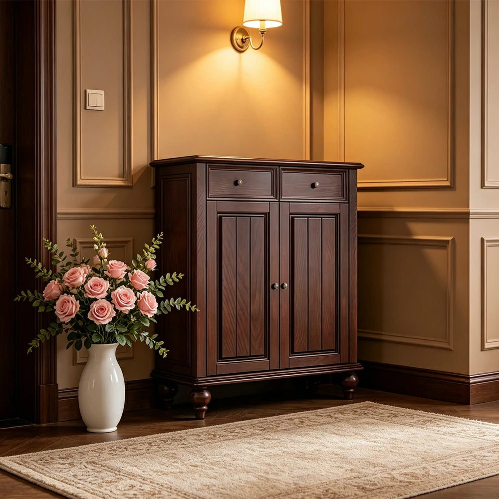 LUXORA Solid Ash Wood Shoe Cabinet - 80cm Entryway Storage Cabinet with Double Doors & Drawers for Hallway - Walnut