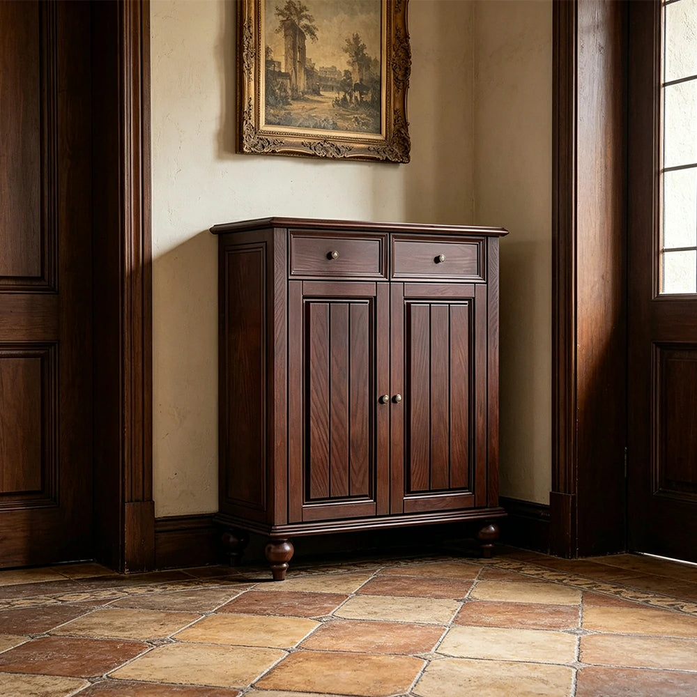 LUXORA Solid Ash Wood Shoe Cabinet - 80cm Entryway Storage Cabinet with Double Doors & Drawers for Hallway - Walnut