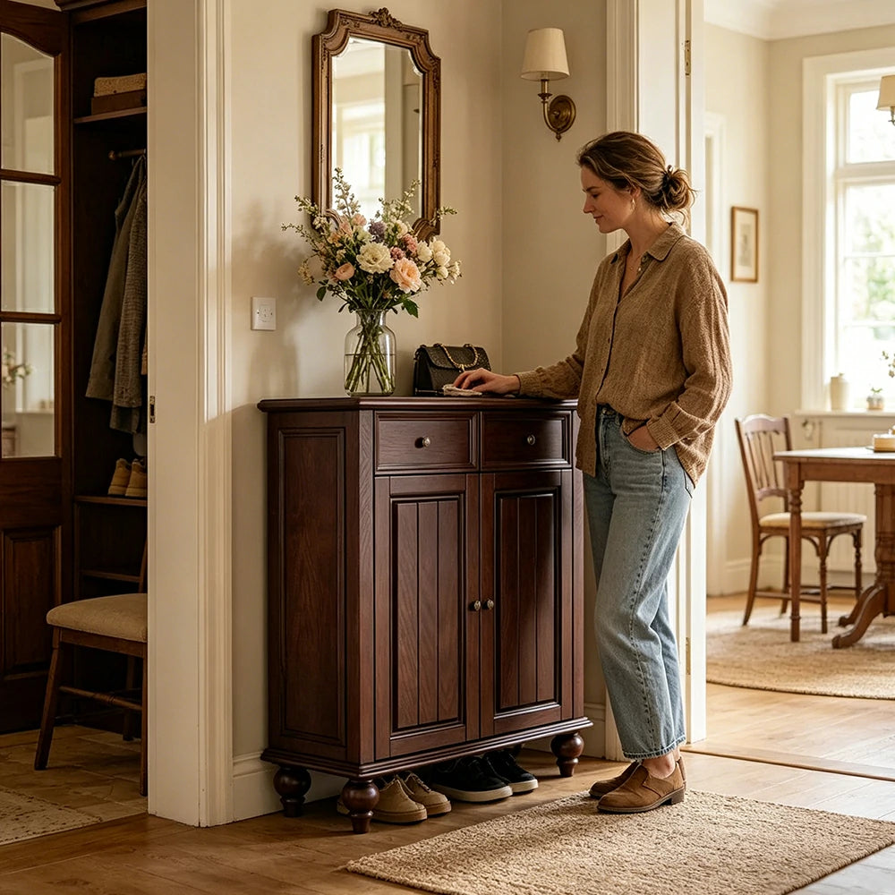 LUXORA Solid Ash Wood Shoe Cabinet - 80cm Entryway Storage Cabinet with Double Doors & Drawers for Hallway - Walnut