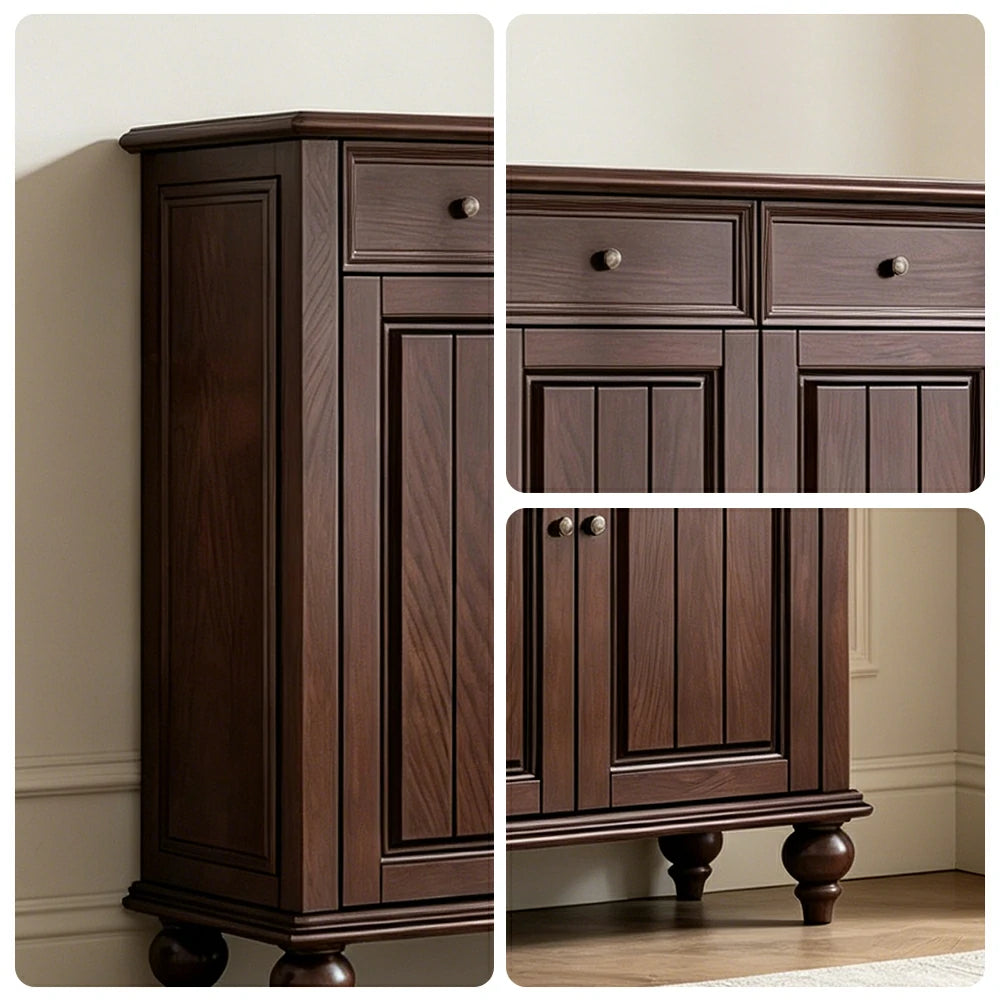 LUXORA Solid Ash Wood Shoe Cabinet - 80cm Entryway Storage Cabinet with Double Doors & Drawers for Hallway - Walnut
