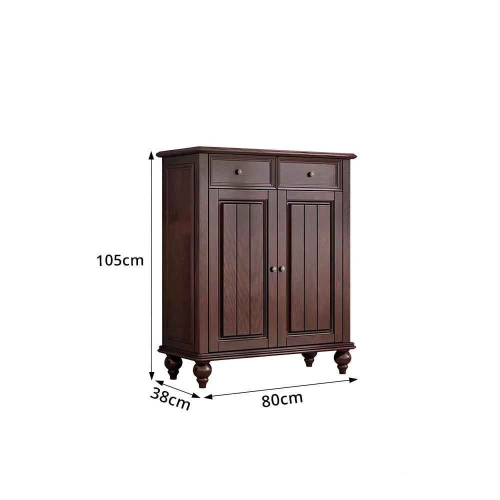 LUXORA Solid Ash Wood Shoe Cabinet - 80cm Entryway Storage Cabinet with Double Doors & Drawers for Hallway - Walnut