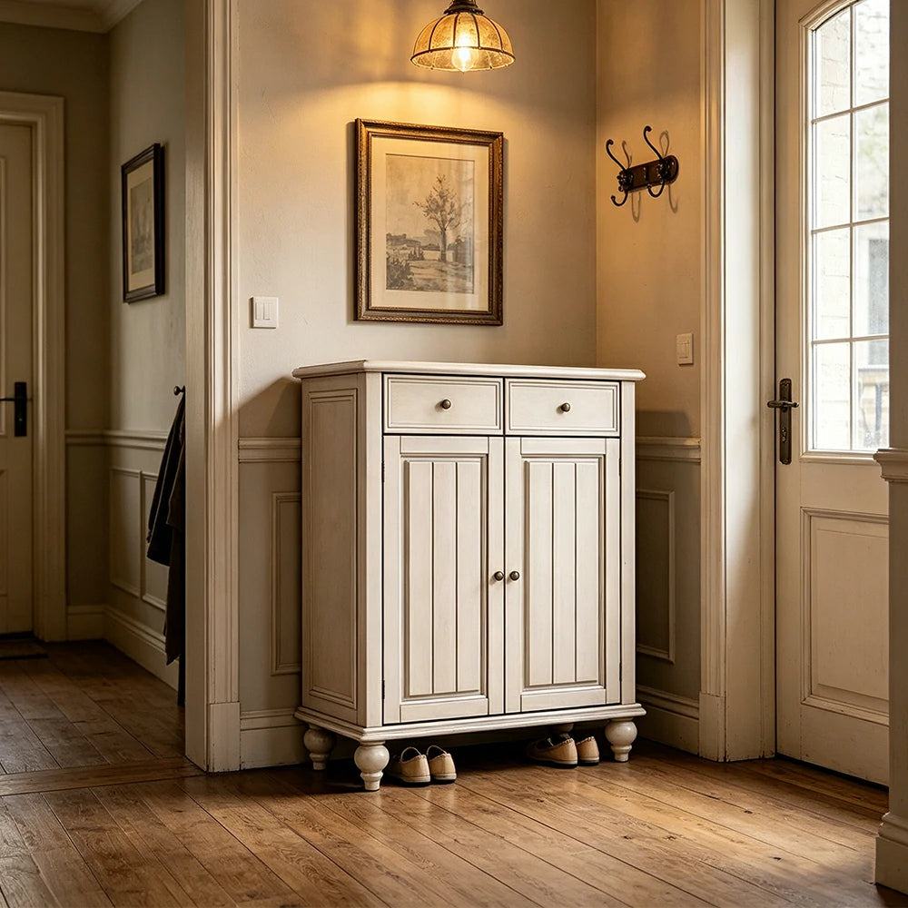 LUXORA Solid Ash Wood Shoe Cabinet - 80cm Entryway Storage Cabinet with Double Doors & Drawers for Hallway - White