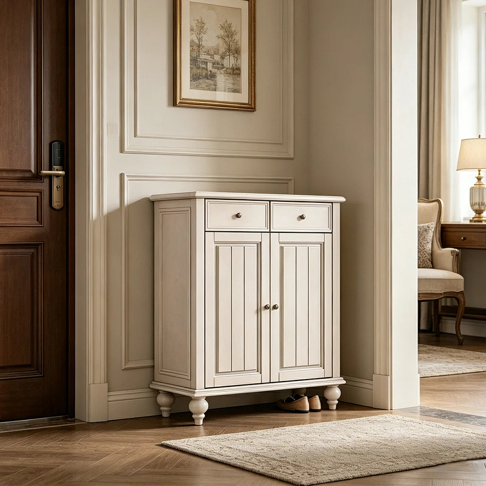 LUXORA Solid Ash Wood Shoe Cabinet - 80cm Entryway Storage Cabinet with Double Doors & Drawers for Hallway - White
