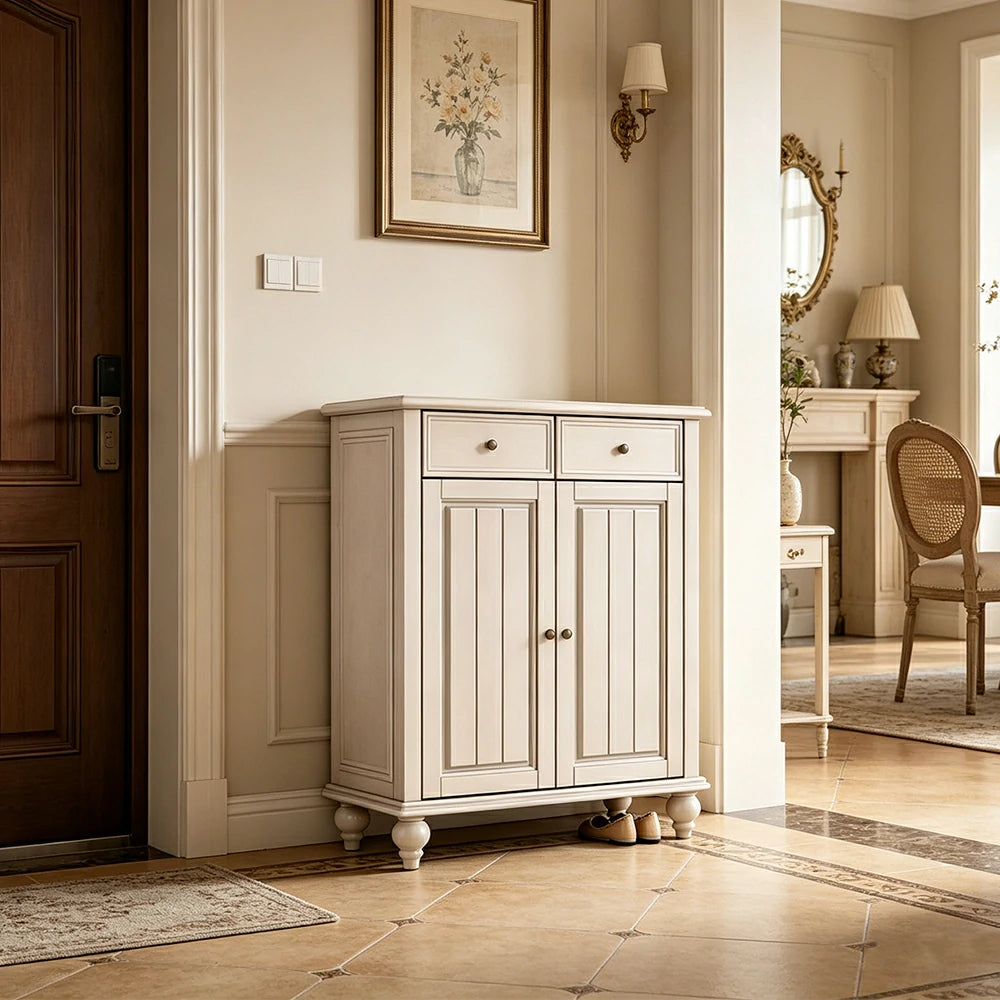 LUXORA Solid Ash Wood Shoe Cabinet - 80cm Entryway Storage Cabinet with Double Doors & Drawers for Hallway - White