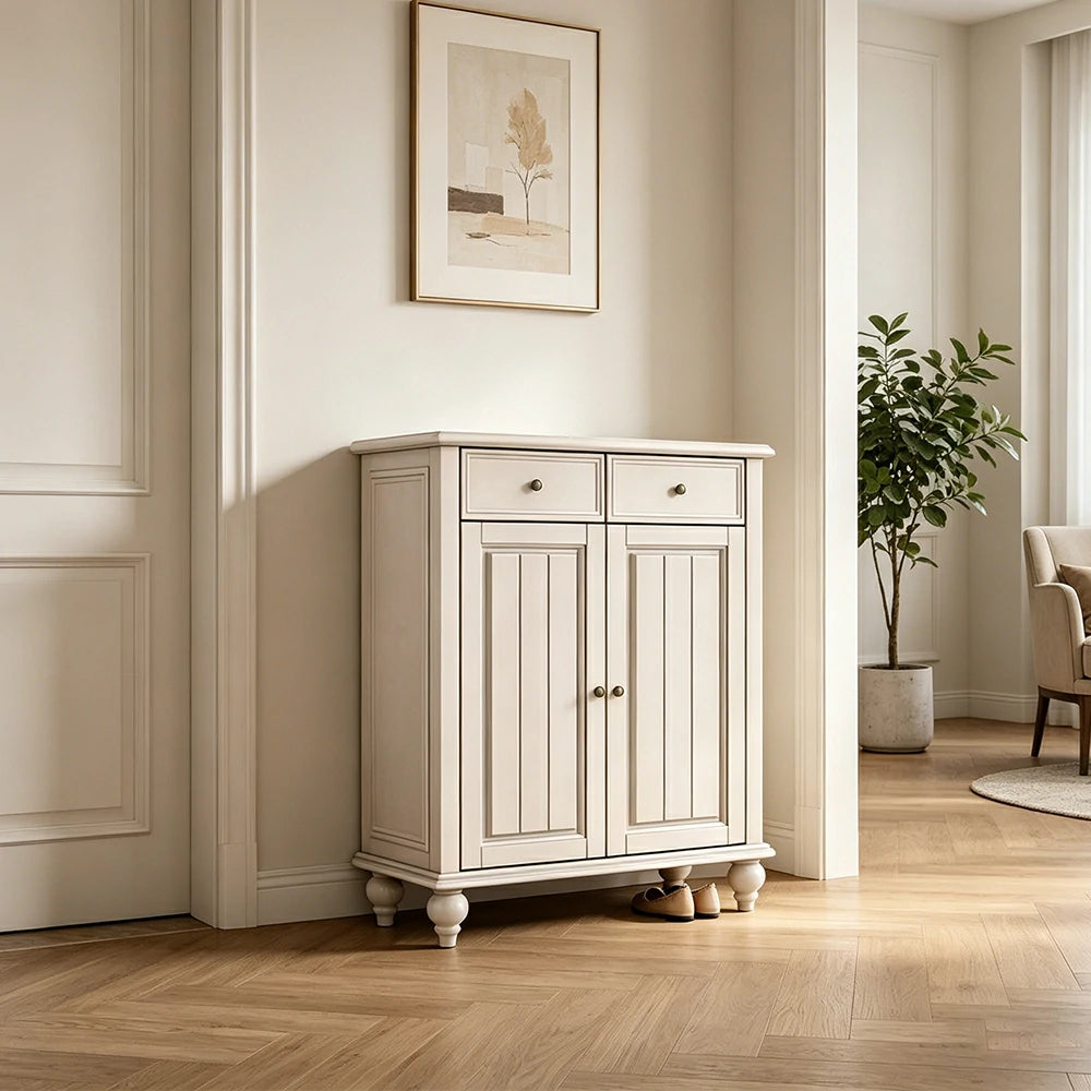 LUXORA Solid Ash Wood Shoe Cabinet - 80cm Entryway Storage Cabinet with Double Doors & Drawers for Hallway - White