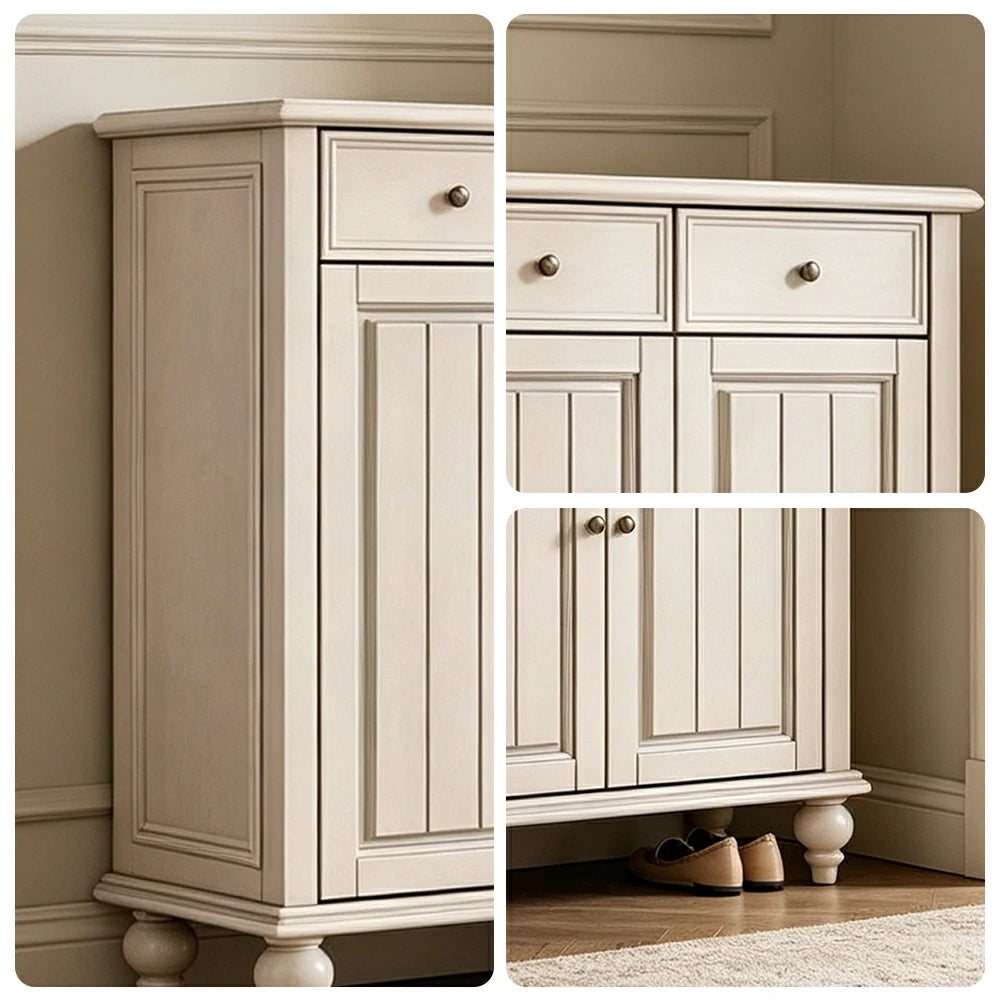 LUXORA Solid Ash Wood Shoe Cabinet - 80cm Entryway Storage Cabinet with Double Doors & Drawers for Hallway - White