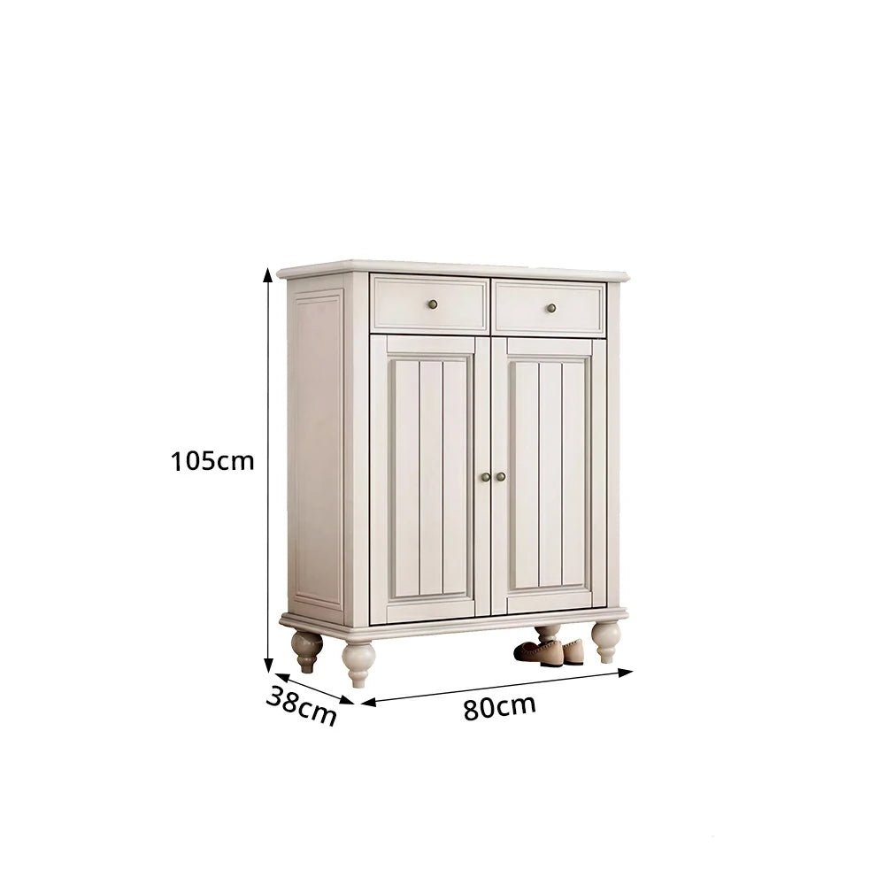 LUXORA Solid Ash Wood Shoe Cabinet - 80cm Entryway Storage Cabinet with Double Doors & Drawers for Hallway - White