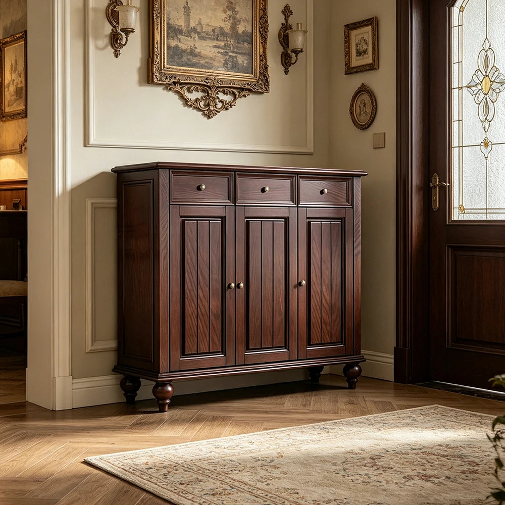 LUXORA Solid Ash Wood Shoe Cabinet - 120cm 3 Door Entryway Storage Cabinet with Drawers for Hallway - Walnut