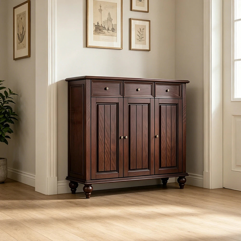 LUXORA Solid Ash Wood Shoe Cabinet - 120cm 3 Door Entryway Storage Cabinet with Drawers for Hallway - Walnut