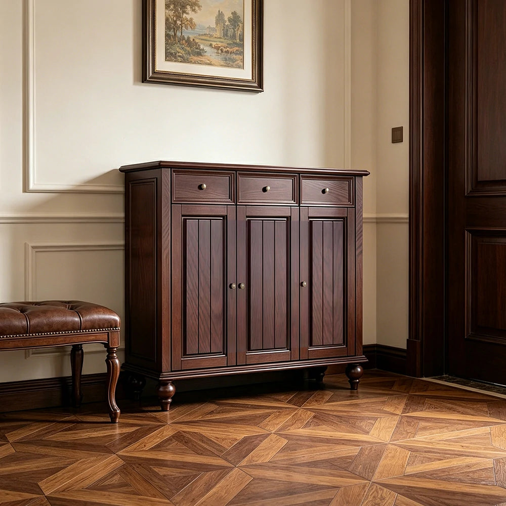 LUXORA Solid Ash Wood Shoe Cabinet - 120cm 3 Door Entryway Storage Cabinet with Drawers for Hallway - Walnut