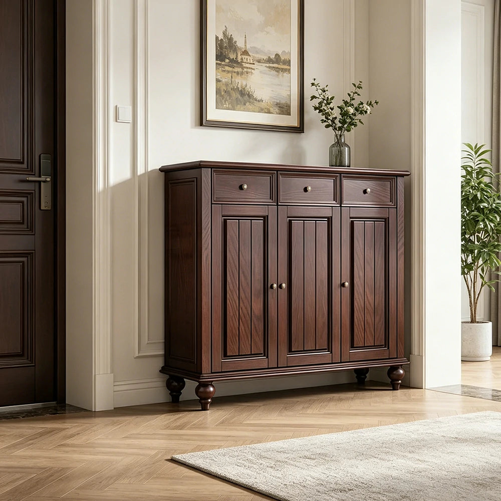 LUXORA Solid Ash Wood Shoe Cabinet - 120cm 3 Door Entryway Storage Cabinet with Drawers for Hallway - Walnut