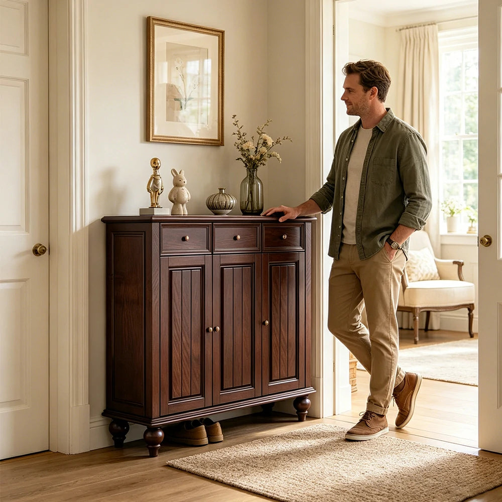 LUXORA Solid Ash Wood Shoe Cabinet - 120cm 3 Door Entryway Storage Cabinet with Drawers for Hallway - Walnut