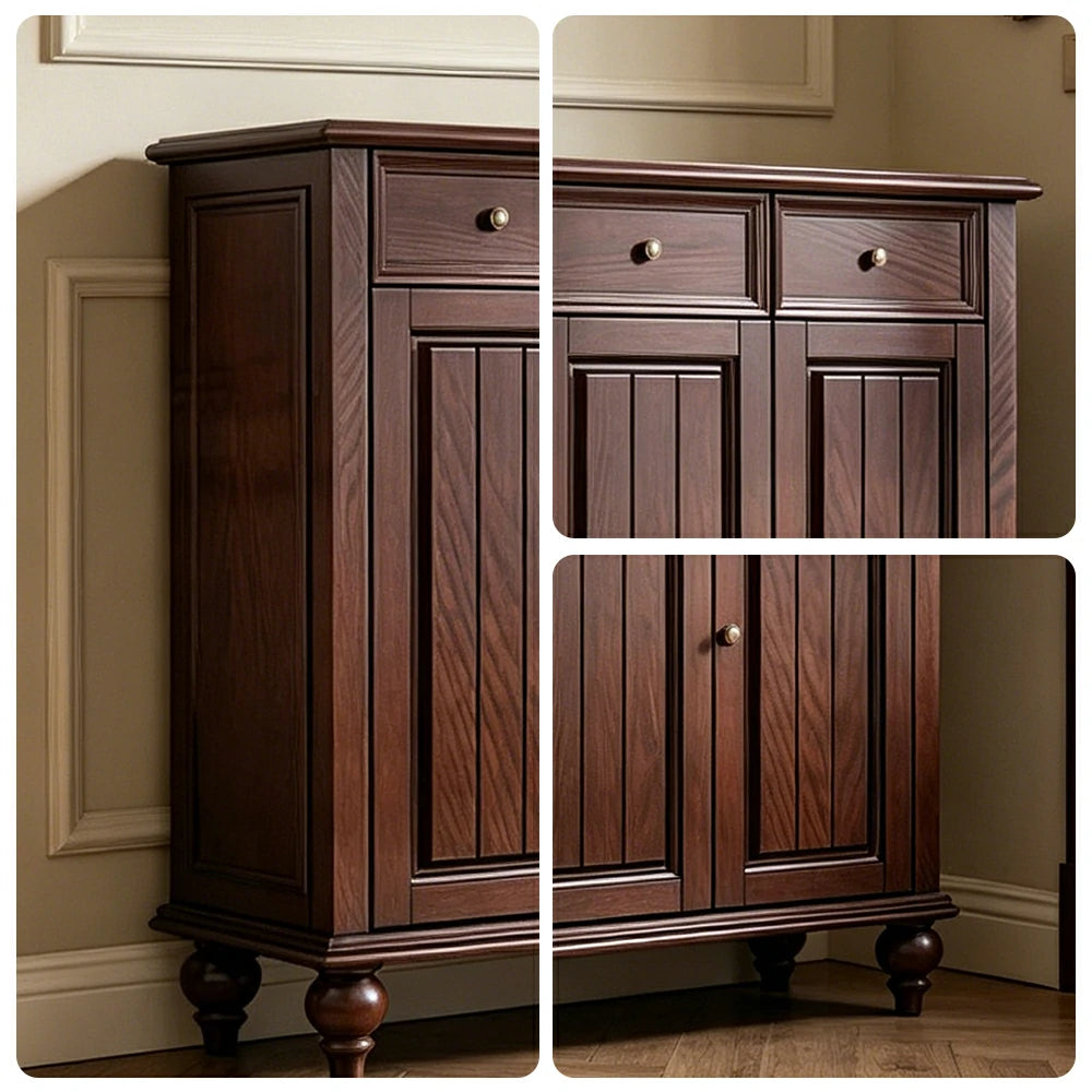 LUXORA Solid Ash Wood Shoe Cabinet - 120cm 3 Door Entryway Storage Cabinet with Drawers for Hallway - Walnut