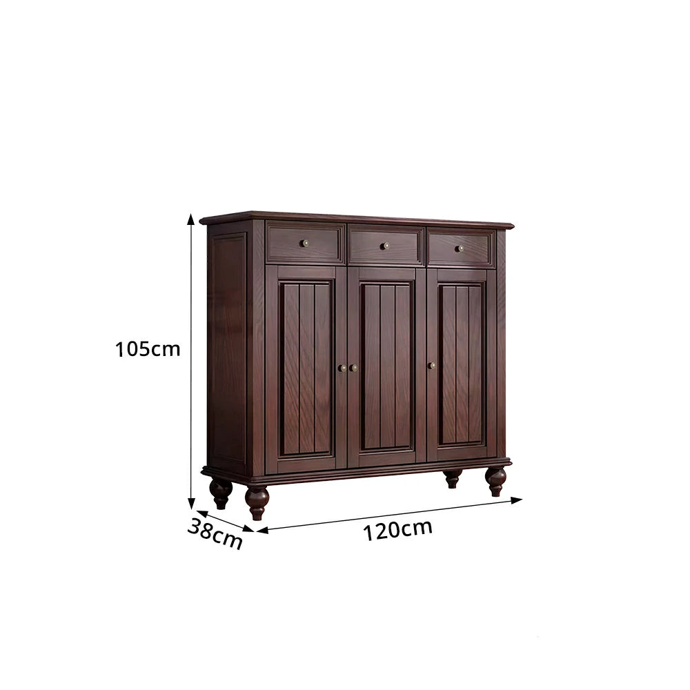 LUXORA Solid Ash Wood Shoe Cabinet - 120cm 3 Door Entryway Storage Cabinet with Drawers for Hallway - Walnut