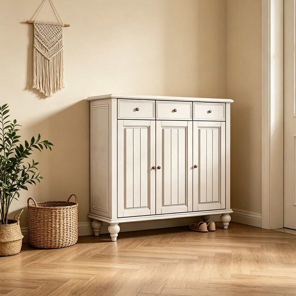 LUXORA Solid Ash Wood Shoe Cabinet - 120cm 3 Door Entryway Storage Cabinet with Drawers for Hallway - White