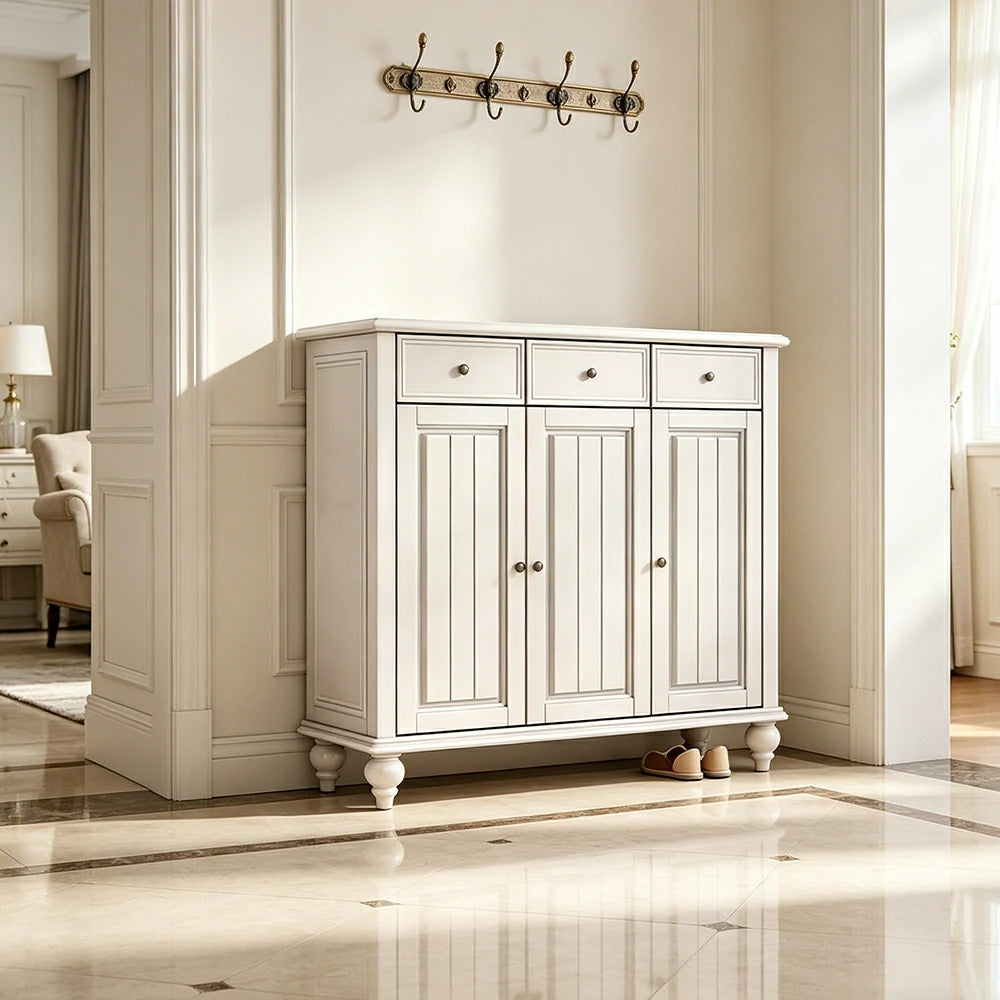 LUXORA Solid Ash Wood Shoe Cabinet - 120cm 3 Door Entryway Storage Cabinet with Drawers for Hallway - White