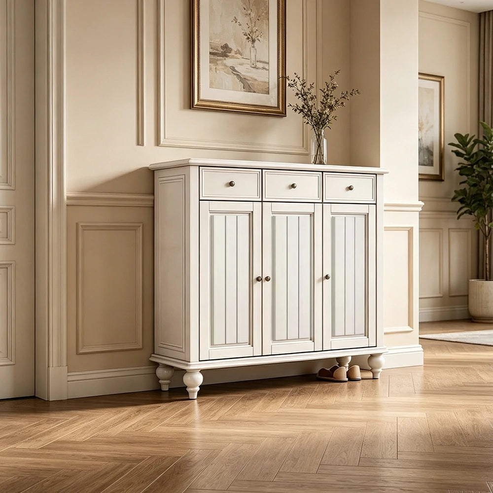 LUXORA Solid Ash Wood Shoe Cabinet - 120cm 3 Door Entryway Storage Cabinet with Drawers for Hallway - White