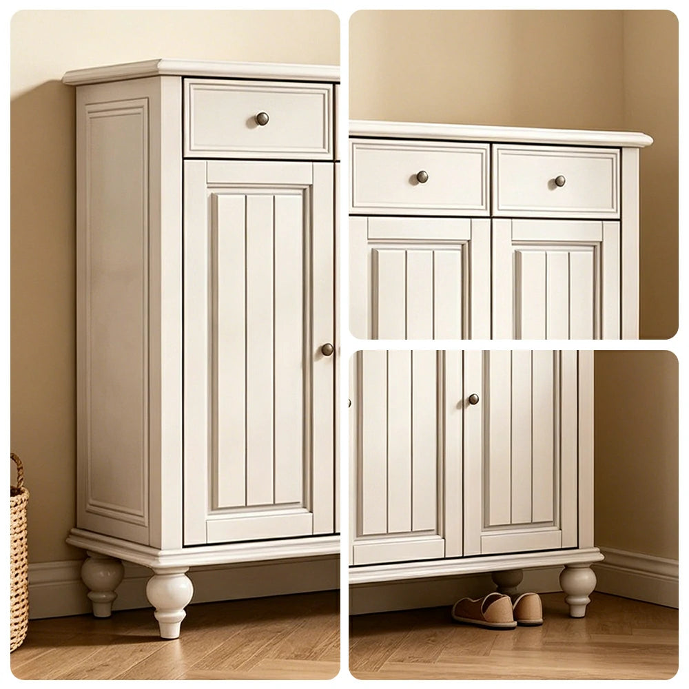 LUXORA Solid Ash Wood Shoe Cabinet - 120cm 3 Door Entryway Storage Cabinet with Drawers for Hallway - White