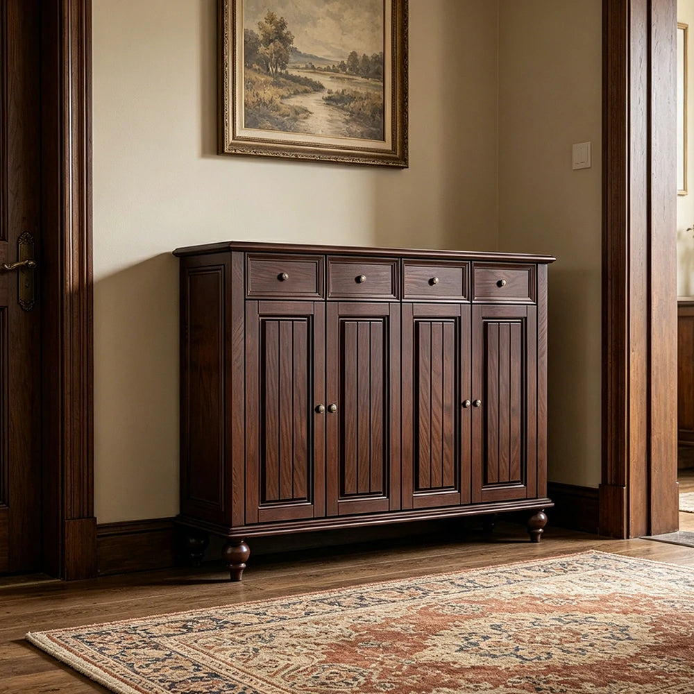 Solid Ash Wood Shoe Cabinet - 140cm 4 Door Entryway Storage Cabinet with Drawers for Hallway - Walnut