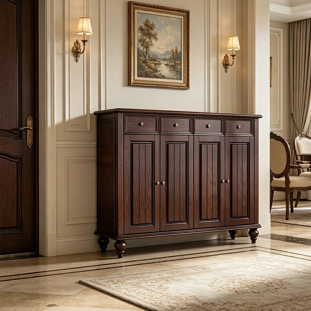 Solid Ash Wood Shoe Cabinet - 140cm 4 Door Entryway Storage Cabinet with Drawers for Hallway - Walnut