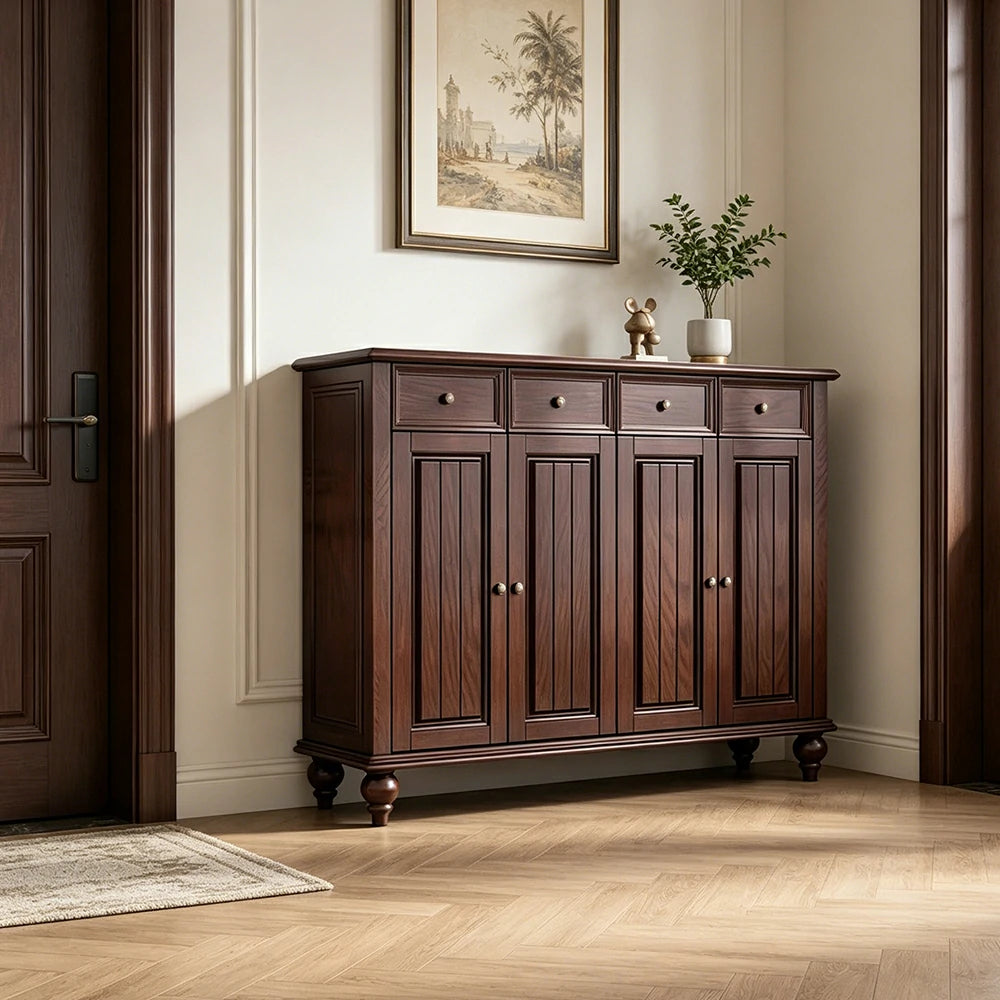 Solid Ash Wood Shoe Cabinet - 140cm 4 Door Entryway Storage Cabinet with Drawers for Hallway - Walnut