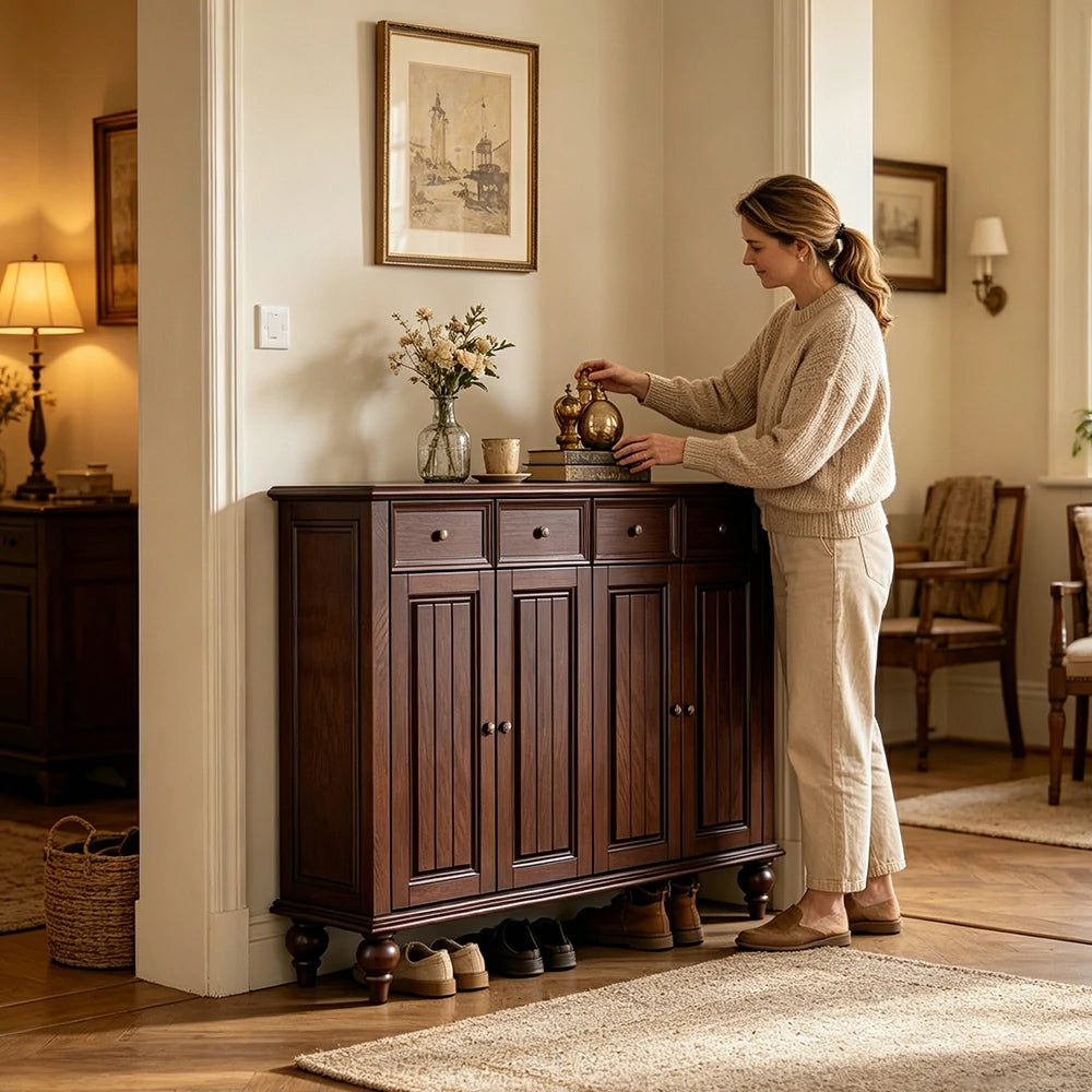Solid Ash Wood Shoe Cabinet - 140cm 4 Door Entryway Storage Cabinet with Drawers for Hallway - Walnut