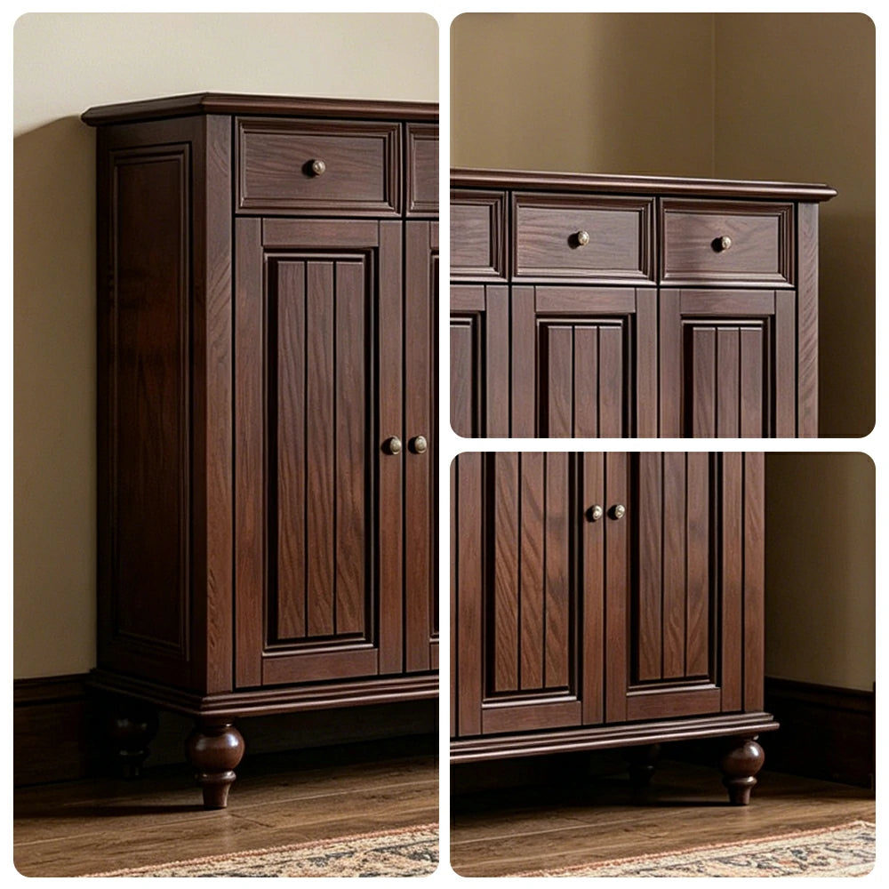 Solid Ash Wood Shoe Cabinet - 140cm 4 Door Entryway Storage Cabinet with Drawers for Hallway - Walnut