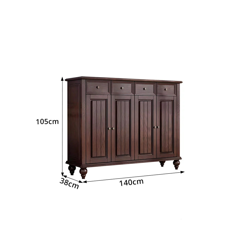 Solid Ash Wood Shoe Cabinet - 140cm 4 Door Entryway Storage Cabinet with Drawers for Hallway - Walnut